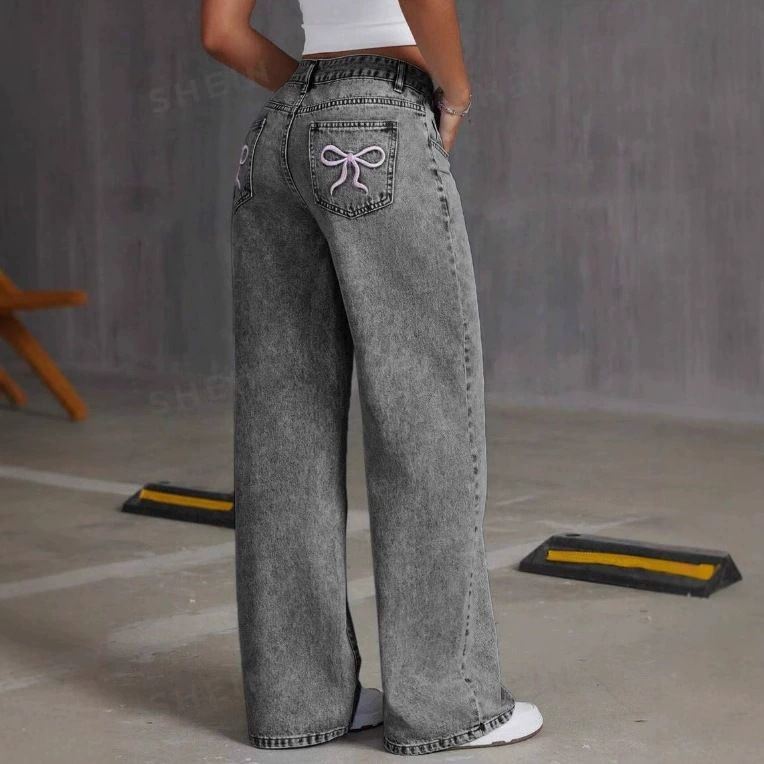 Women's Clothing Retro Bow Embroidery Washed Jeans Women's Sweet And Spicy Straight Loose Trousers_mkmklike.com