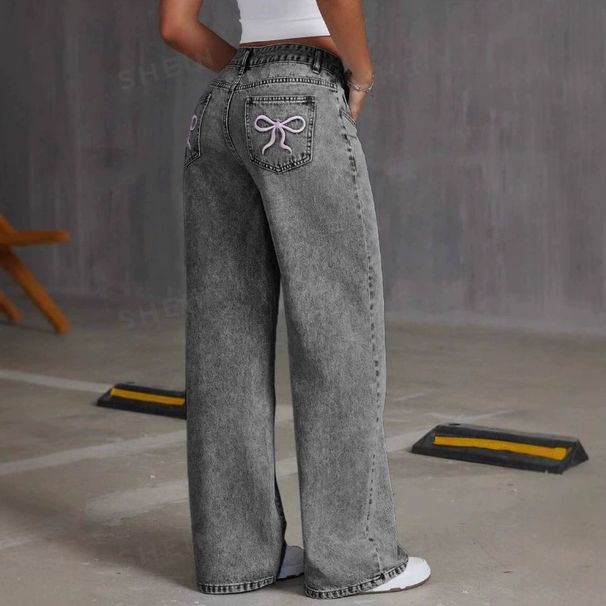 Women's Clothing Retro Bow Embroidery Washed Jeans Women's Sweet And Spicy Straight Loose Trousers_mkmklike.com