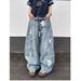 Vintage Washed Blue High-Waisted Wide-Leg Jeans For Men & Women – Relaxed Fit, Multi-Pocket, Retro Denim Pants_mkmklike.com