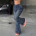 TK194 Women's Low Rise Flared Jeans European American Style Studded Frayed Hem Retro Distressed Patchwork Heavy Duty Sexy Flared Pants_mkmklike.com