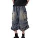 Men's Clothing Retro White Washed Multi Pocket Workwear Denim Shorts Men's Pleated Design Loose Drape Cropped Pants_mkmklike.com