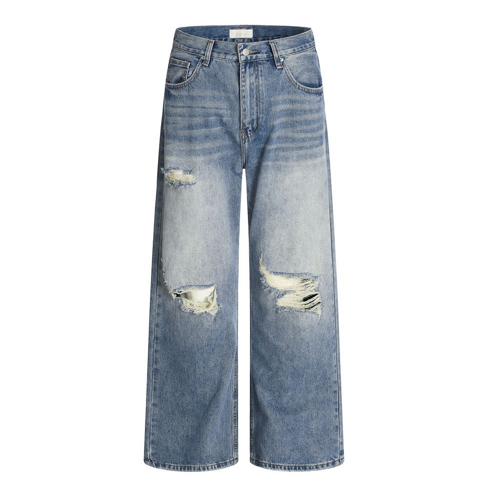 American High Street Distressed Vintage Jeans Men's Washed Gradient Wide-Leg Loose Straight Pants Trendy_mkmklike.com