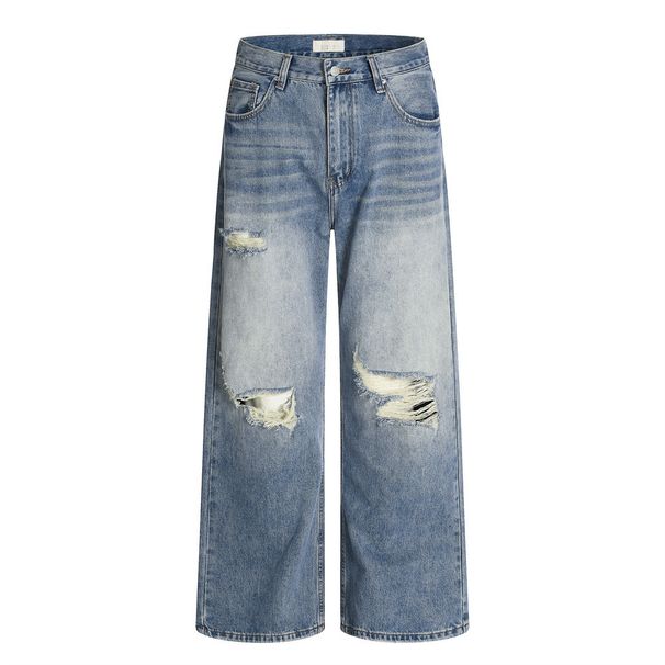American High Street Distressed Vintage Jeans Men's Washed Gradient Wide-Leg Loose Straight Pants Trendy_mkmklike.com