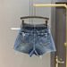 Women's Dark Denim Shorts European Style Ripped Frayed Hem Slimming Wide Leg A-Line Hot Pants Summer 2026 Versatile Clothing_mkmklike.com