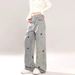 Men's Clothing Playful Puppy Embroidered High Waist Straight Leg Jeans For Women - Loose Fit Wide Leg Pants With Stretchy Comfort (Blue/Black)_mkmklike.com
