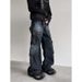 Heavy Industry Deconstruction And Splicing Jeans Men's American High Street Vibe Fan Can Buckle Wide Leg Pockets Tooling Trousers_mkmklike.com