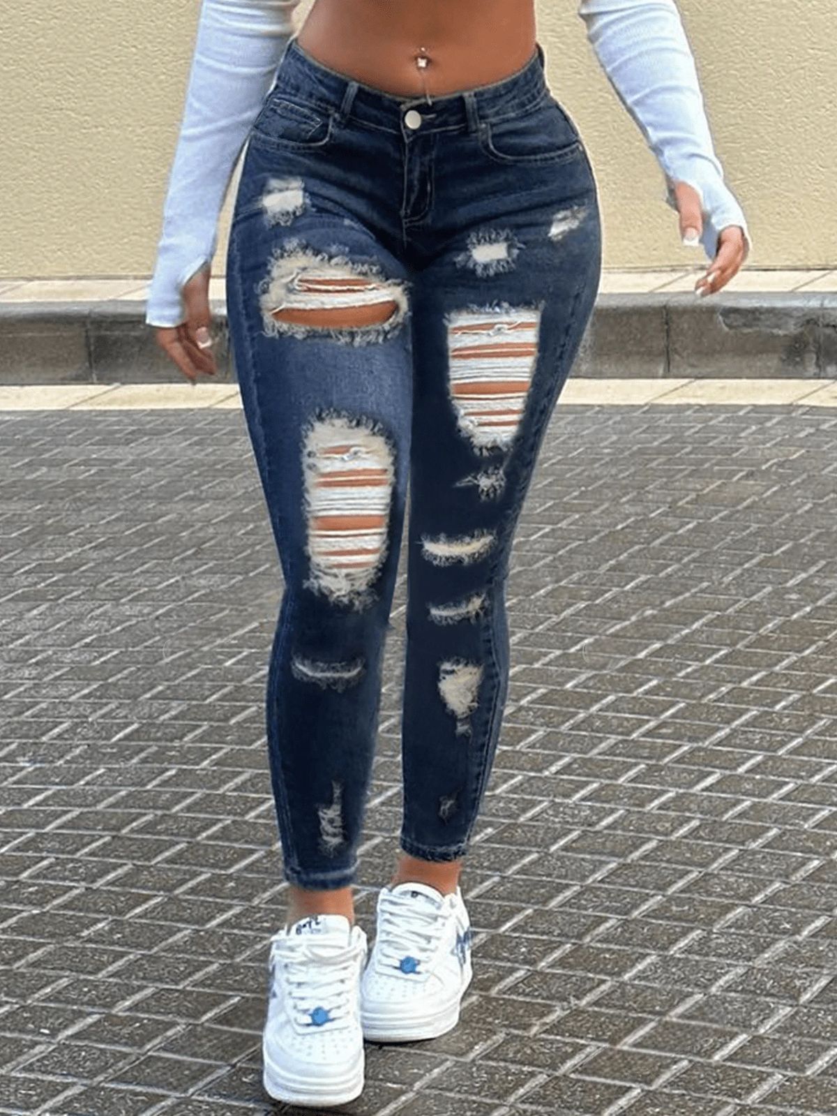 Women's Sexy Skinny Jeans High Elasticity Low Rise Ripped Style S Shaped Denim_mkmklike.com