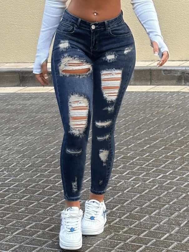 Women's Sexy Skinny Jeans High Elasticity Low Rise Ripped Style S Shaped Denim_mkmklike.com