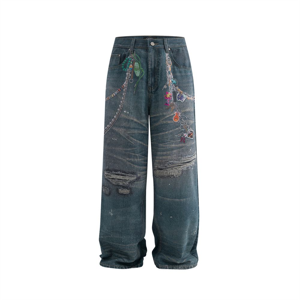 3D Digital Print Chain Distressed Jeans For Men Hip Hop Trendy Design Niche Wide-Leg Straight Long Pants_mkmklike.com