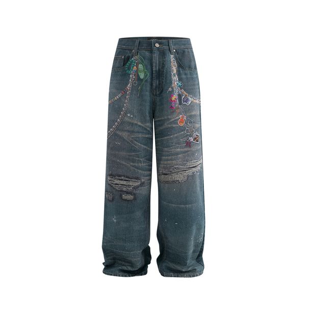 3D Digital Print Chain Distressed Jeans For Men Hip Hop Trendy Design Niche Wide-Leg Straight Long Pants_mkmklike.com