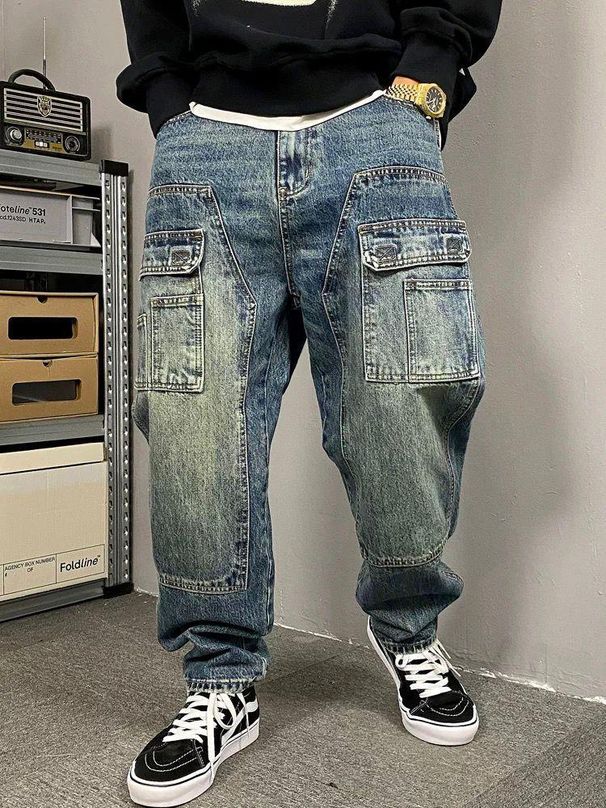 Spring And Autumn American Casual Ruffian Handsome Washed Retro Tooling Jeans Men's Straight Loose High Street Tapered Pants Tide_mkmklike.com