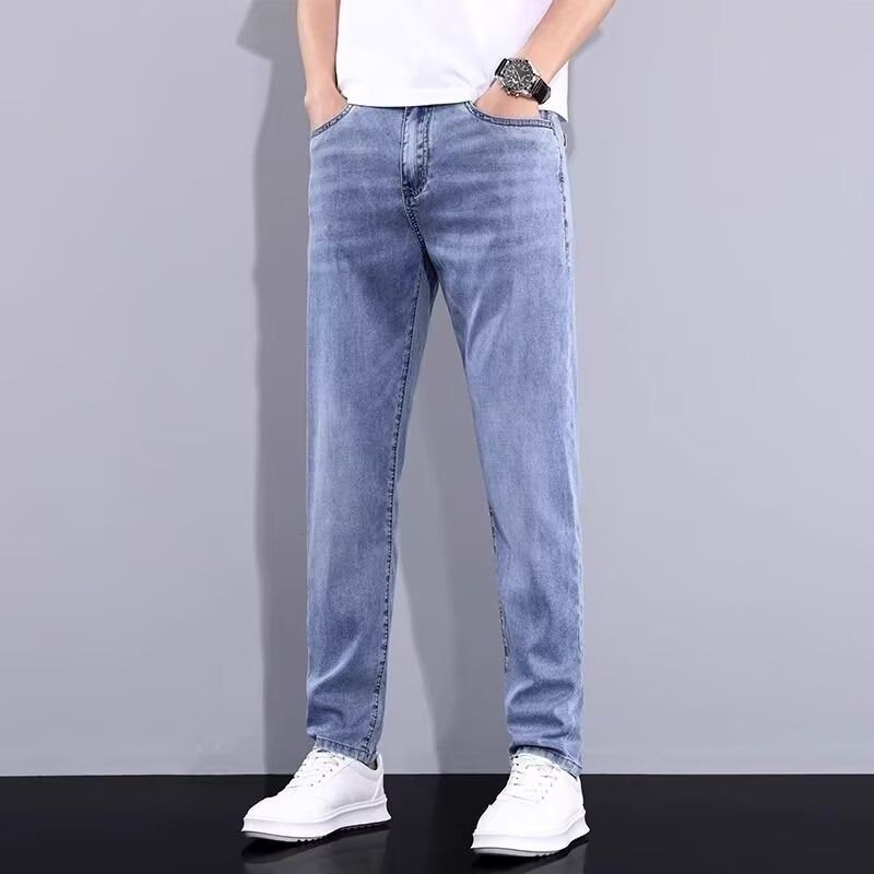 BOY 2025 Men's Light Color Jeans Summer Thin Casual Long Stretch Mid-Waist Straight Business Slim Fit Tapered Pants_mkmklike.com