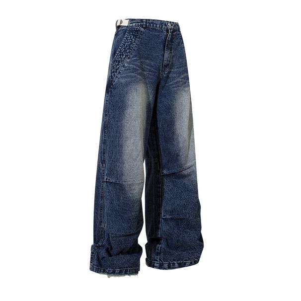 Spray Paint White Workwear Denim Men Oversize Hip Hop Trendy Wrinkled Frayed Loose Wide-Leg Straight Pants_mkmklike.com