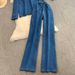 Relaxed Denim Top & Wide-Leg Pants Set | V-Neck Long Sleeve & Drawstring Waist | Comfortable Stretchy Fabric_mkmklike.com