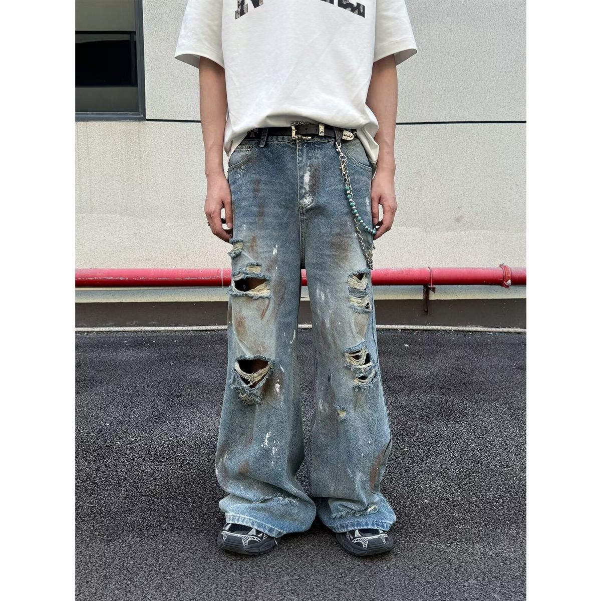 High Street Retro Ink Wash Ripped Jeans Men's Trendy Brand Hiphop Loose Slim Casual Wide Leg Men's Pants_mkmklike.com