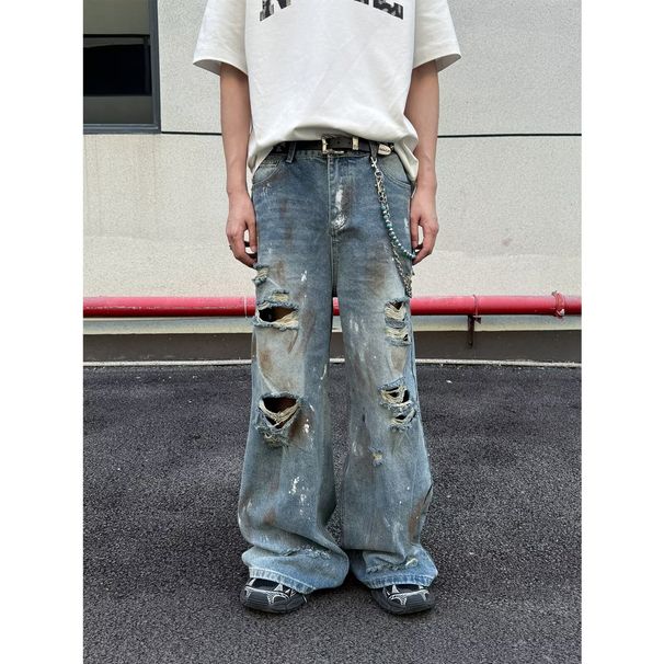 High Street Retro Ink Wash Ripped Jeans Men's Trendy Brand Hiphop Loose Slim Casual Wide Leg Men's Pants_mkmklike.com