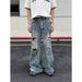 High Street Retro Ink Wash Ripped Jeans Men's Trendy Brand Hiphop Loose Slim Casual Wide Leg Men's Pants_mkmklike.com