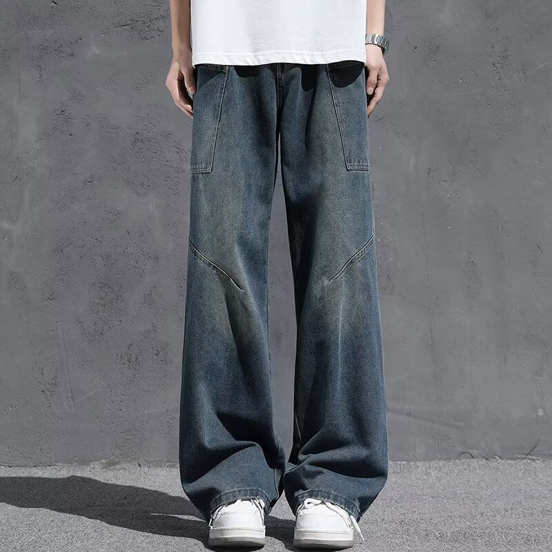 Men's Wide Leg Jeans Loose Straight Fit High Street Casual Pants Retro Workwear Denim Trousers For Spring & Autumn_mkmklike.com