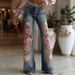 Vintage Pink Rose Embroidery Art Print Flare Jeans For Women - High Waisted Stretch Denim Pants With Floral Design_mkmklike.com