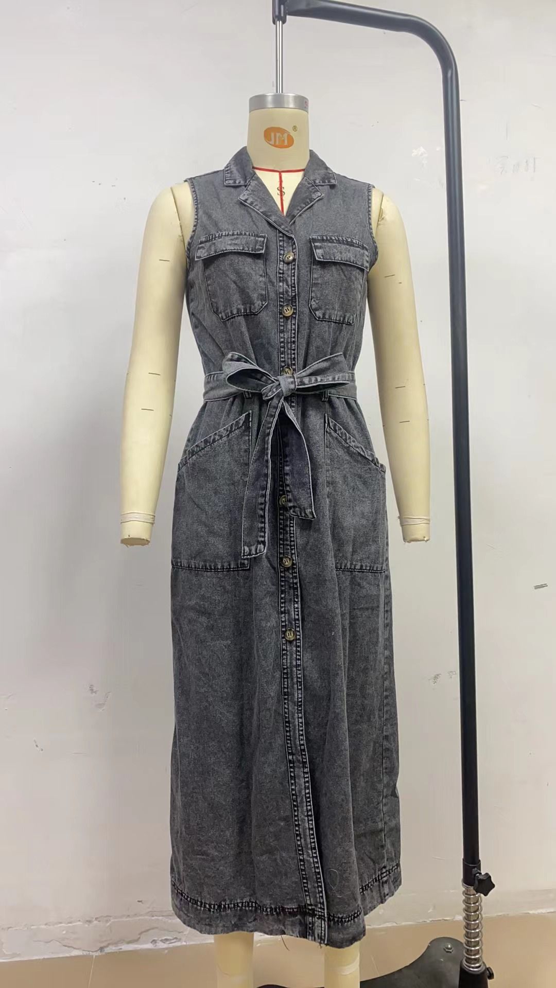 K New Sleeveless Long Lace Up Waist Cinching Single Breasted Denim Dress. No Accessories_mkmklike.com