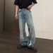 Retro Washed Distressed Graffiti Ripped Jeans High Street Style Loose Straight Leg Floor Length Wide Leg Pants For Men And Women_mkmklike.com