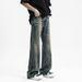 Men's Clothing High Street Ripple Jeans Retro Distressed Flared Pants Loose Straight Floor Length Pants_mkmklike.com