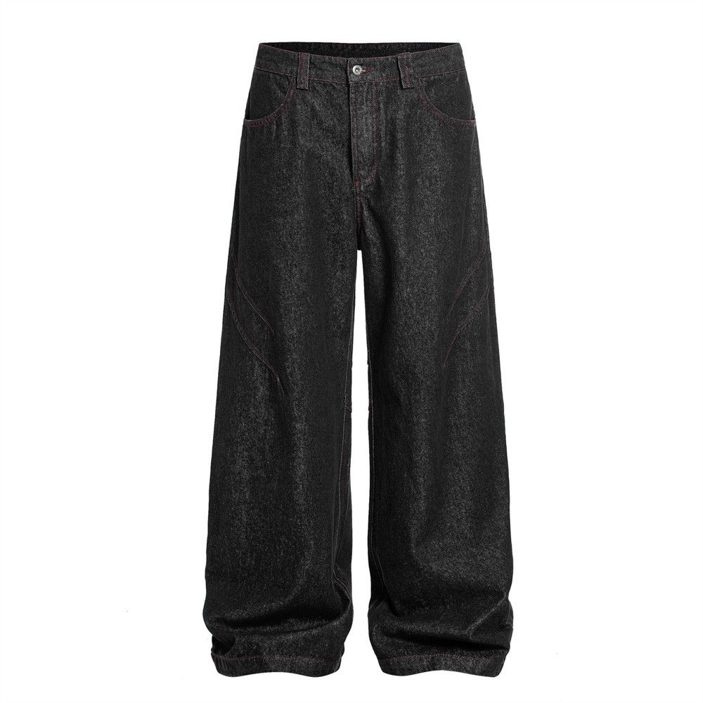 American High Street Loose Wide-Leg Denim Vibe Trendy Design Pleated Stitching Straight-Leg Casual Pants_mkmklike.com