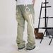 Unisex Distressed Splash Paint Flared Jeans Loose Fit Hip Hop Denim Pants Patchwork Design_mkmklike.com
