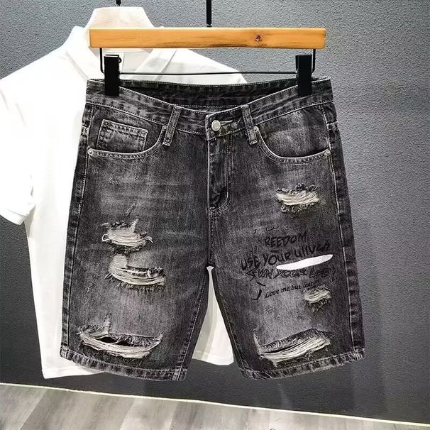 Men's Slim Fit Denim Shorts Summer New Light Blue Washed Distressed Holes Patches Personalized Print Casual Shorts_mkmklike.com