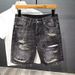 Men's Slim Fit Denim Shorts Summer New Light Blue Washed Distressed Holes Patches Personalized Print Casual Shorts_mkmklike.com
