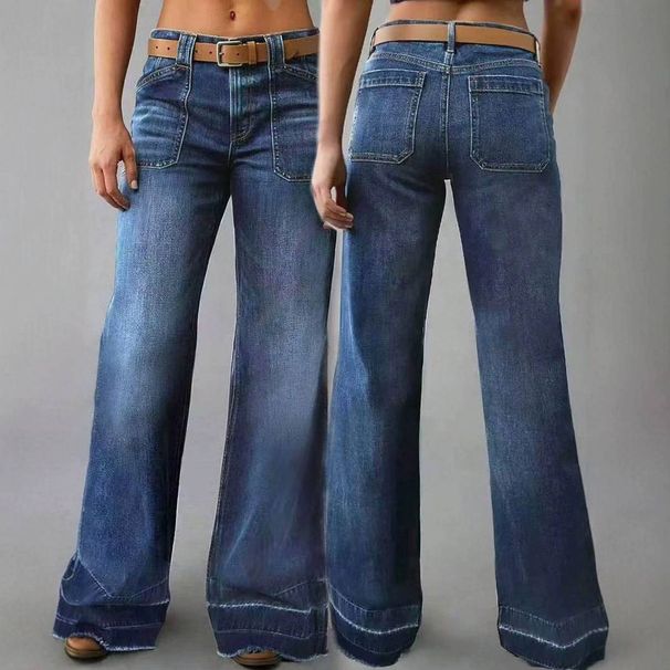 Women's Straight Leg Relaxed Fit Stretch Denim Jeans - Classic Blue & Black - Mid Rise Comfort For Casual & Streetwear_mkmklike.com