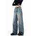 Vintage Blue Straight Leg Jeans For Men & Women - High Waist Relaxed Fit Clean Aesthetic Casual Trousers_mkmklike.com