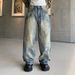 Men's Distressed Denim Jeans With Rhinestone Chain Pendant – High Street Vintage-Inspired Splatter Wash & Relaxed Fit_mkmklike.com