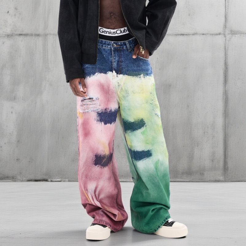 Heavyweight Washed Loose Fit Straight Leg Jeans With Splatter Paint Graffiti For Men, High-Street Wide Leg Trousers_mkmklike.com