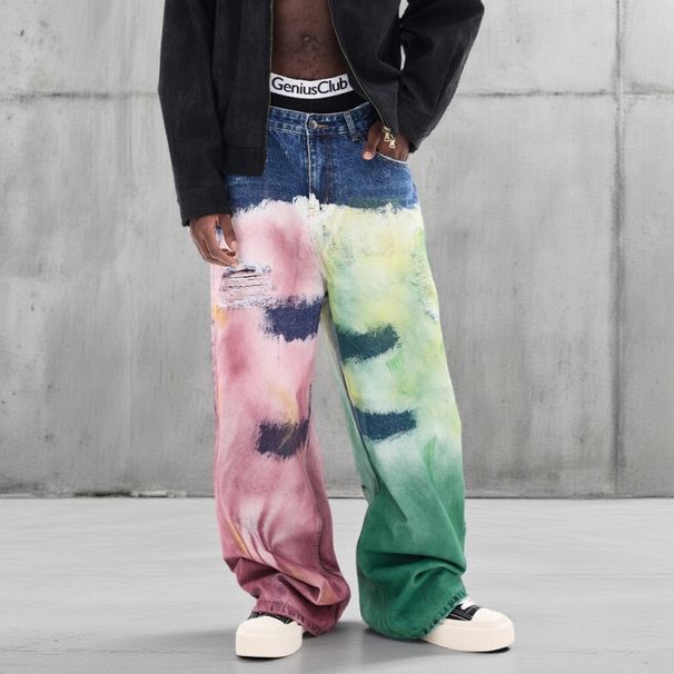 Heavyweight Washed Loose Fit Straight Leg Jeans With Splatter Paint Graffiti For Men, High-Street Wide Leg Trousers_mkmklike.com