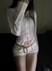 Women's Belted Denim Shorts American Style Hot Girl Star And Rhinestone Details Low Waisted Tight Straight Leg Hot Pants Autumn Rivets Hip Lift_mkmklike.com