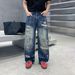 Vintage Distressed Denim Jeans For Men & Women - Relaxed Straight Leg High Street Style With Hand-Painted Details (Blue, Multiple Sizes)_mkmklike.com