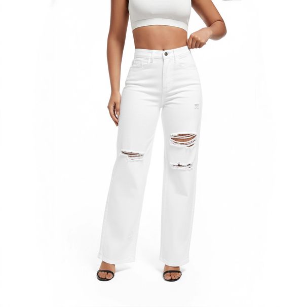 Women's Distressed Straight Leg Jeans - Washed White, Relaxed Fit, Double Knee Rips, Urban & Office Ready_mkmklike.com