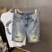 Men's Light Blue Distressed Denim Shorts - Stretchable Casual Cargo Mid-Length Shorts With Print Design, Comfortable & Stylish Summer Wear_mkmklike.com
