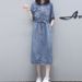 2025 Spring/Summer New Mid Length With Knee And Waist Cinching For Slimming Effect, Women's Casual Denim Dress Trend_mkmklike.com