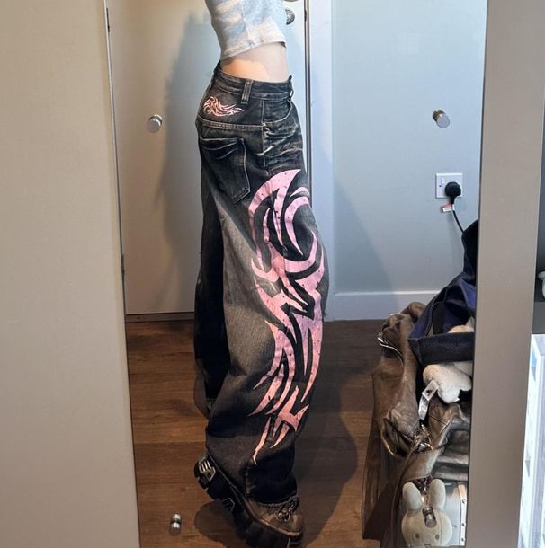 Cross Border Fashion Brand Jaded London American Retro Pattern Print Washed Jeans Hot Girl Wide Leg Trousers_mkmklike.com