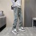 Men's Casual Washed Blue Jeans With Elastic Waist & Straight Leg - Comfortable Retro Style Loose Fit Trousers For Everyday Wear_mkmklike.com