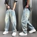 Men's Light Blue Straight Leg Loose Fit Jeans High Street Style Fashion Retro Elastic Waistband Trendy Versatile_mkmklike.com