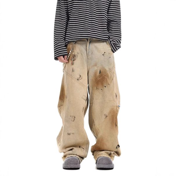 Men's Distressed Patchwork Denim Pants – Post-Apocalyptic Wide-Leg Jeans (High Waist, Button Fly, Lightweight)_mkmklike.com