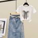Women's Clothing new slim fit bow short sleeve + hot diamond split denim skirt ins_mkmklike.com