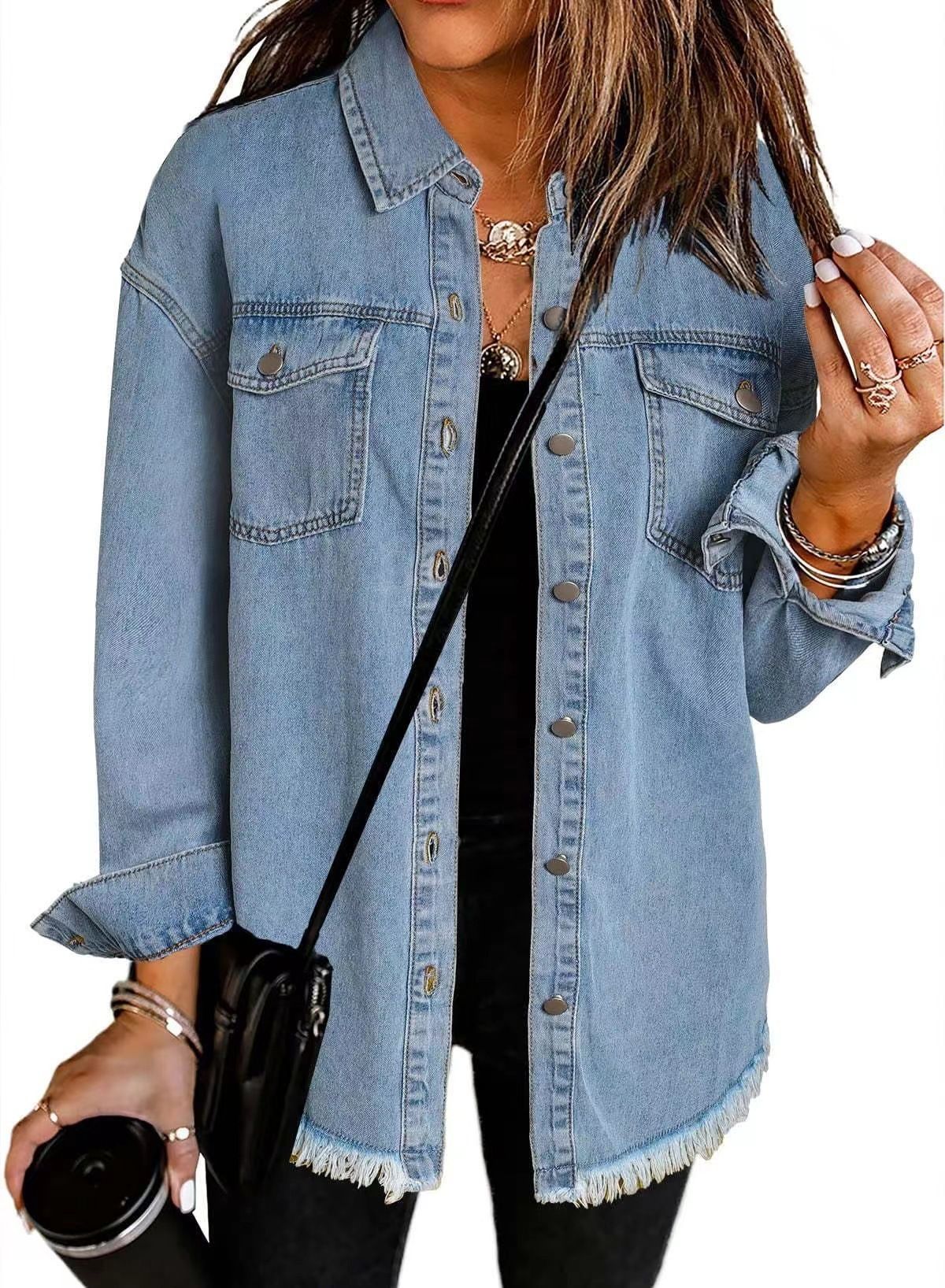 Women's Distressed Denim Shirt Jacket Long Sleeve Oversized Vintage Coat, Cotton Blend Polo Collar Streetwear, Washed & Frayed Hem For Casual Fall_mkmklike.com