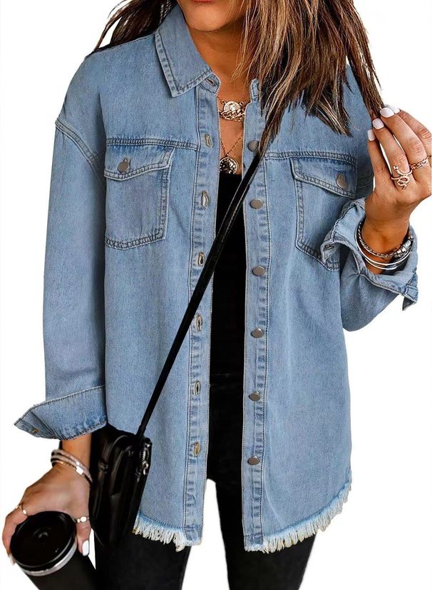 Women's Distressed Denim Shirt Jacket Long Sleeve Oversized Vintage Coat, Cotton Blend Polo Collar Streetwear, Washed & Frayed Hem For Casual Fall_mkmklike.com