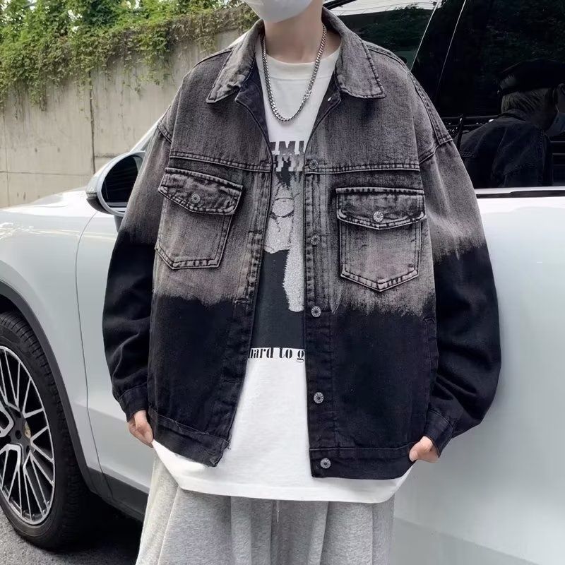 Loom Turn-down Collar Jacket For Men, Autumn Loose Gradient Workwear, Brand, European And American Street Style, Streetwear_mkmklike.com