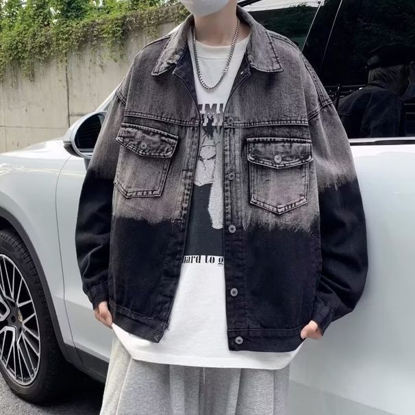Loom Turn-down Collar Jacket For Men, Autumn Loose Gradient Workwear, Brand, European And American Street Style, Streetwear_mkmklike.com