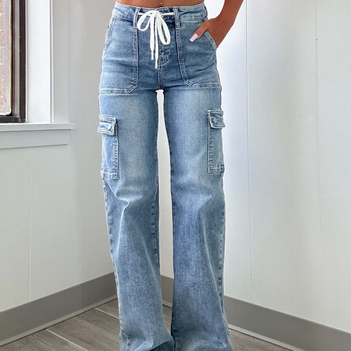 Women's Clothing Straight Jeans Casual Lace Up Multi Pocket Functional Overalls_mkmklike.com